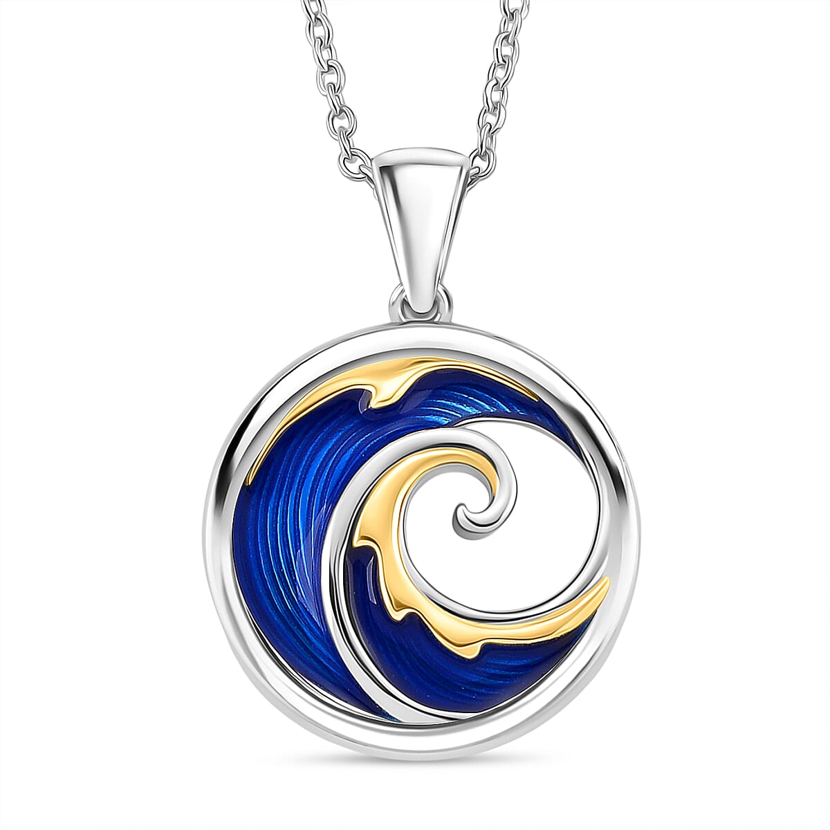 LucyQ Wave Collection - Enamelled Pendant with Cable Chain (Size 18-24) in Yellow Gold Plated & Platinum Overlay Sterling Silver
