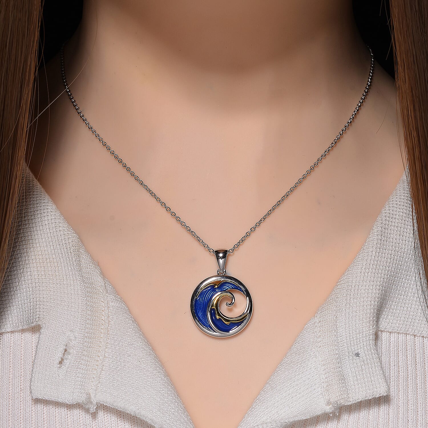 LucyQ Wave Collection - Enamelled Pendant with Cable Chain (Size 18-24) in Yellow Gold Plated & Platinum Overlay Sterling Silver