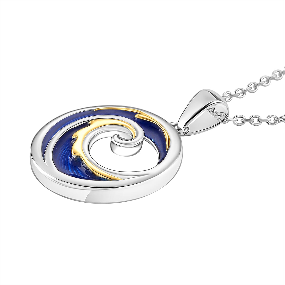 LucyQ Wave Collection - Enamelled Pendant with Cable Chain (Size 18-24) in Yellow Gold Plated & Platinum Overlay Sterling Silver