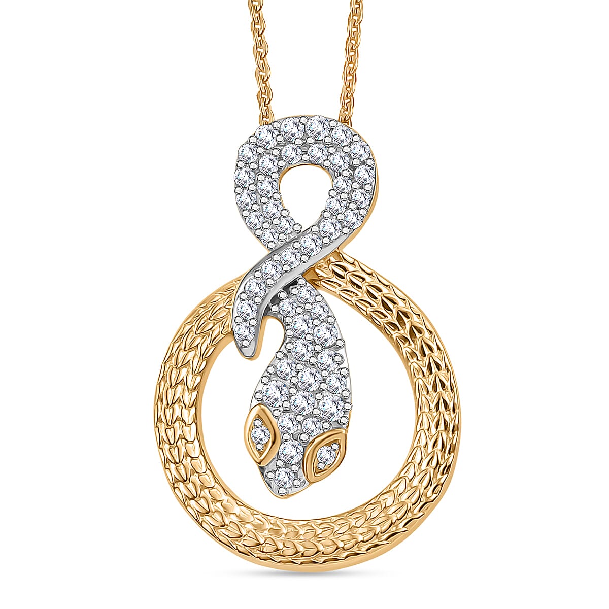 GP Serpentine Collection - White Zircon & Blue Sapphire Pendant with Chain (Size 20) in 18K Vermeil Yellow Gold Plated Sterling Silver, Silver Wt. 5.45 Gms.