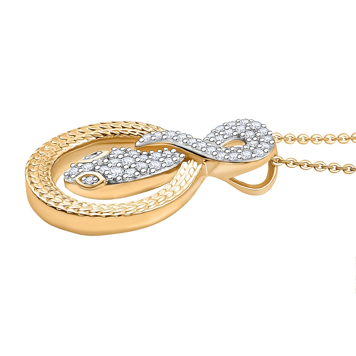 GP Serpentine Collection - White Zircon & Blue Sapphire Pendant with Chain (Size 20) in 18K Vermeil Yellow Gold Plated Sterling Silver, Silver Wt. 5.45 Gms.