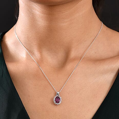 Djoy Orissa Rhodolite Garnet & White Zircon Pendant with Chain (Size 20) in Platinum Overlay Sterling Silver 2.46 Ct.