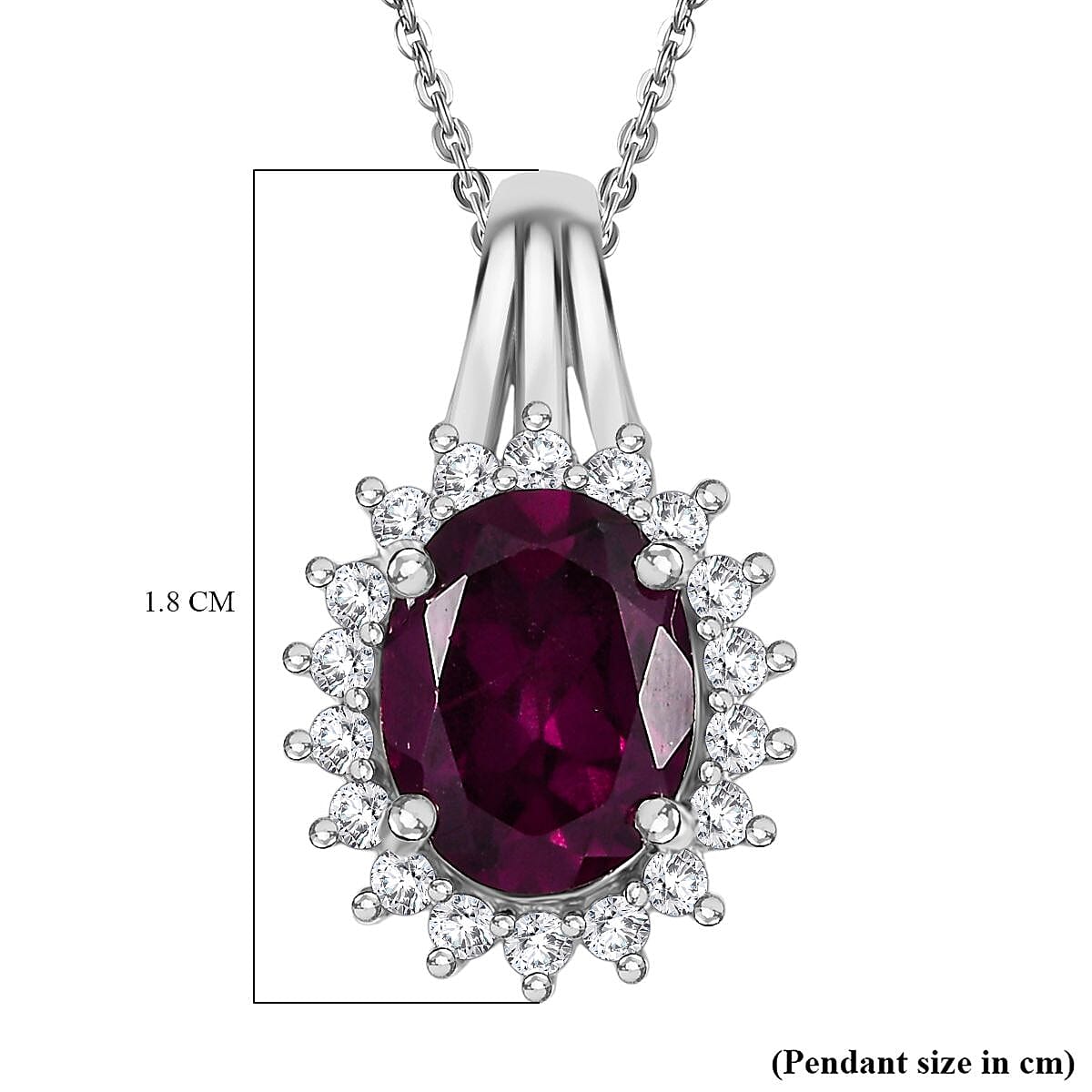 Djoy Orissa Rhodolite Garnet & White Zircon Pendant with Chain (Size 20) in Platinum Overlay Sterling Silver 2.46 Ct.