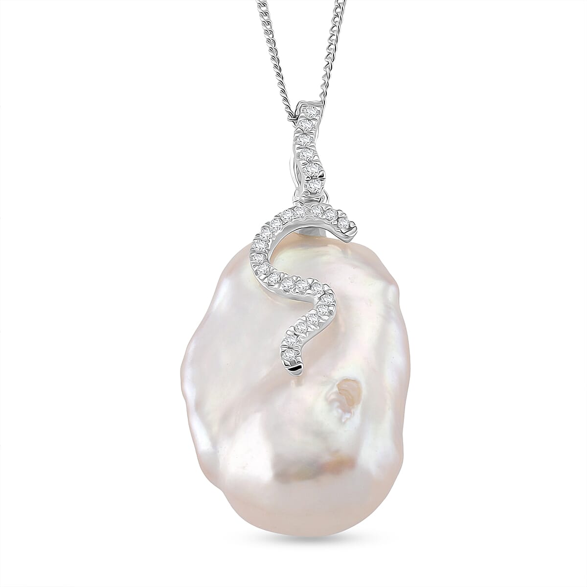 White Baroque Pearl & White Zircon Pendant with Chain (Size 18) with Lobster Clasp in Rhodium Overlay Sterling Silver 44.27 Ct.