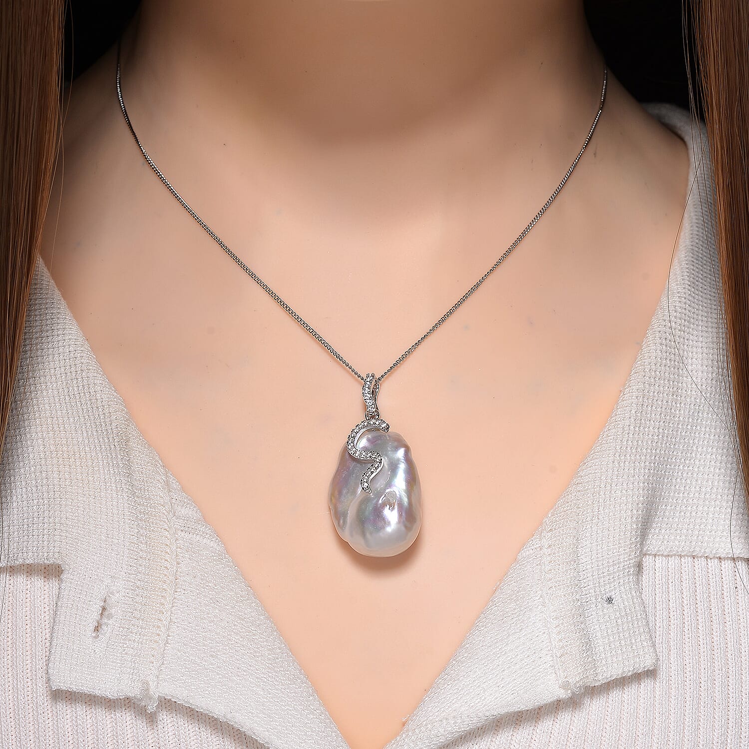 White Baroque Pearl & White Zircon Pendant with Chain (Size 18) with Lobster Clasp in Rhodium Overlay Sterling Silver 44.27 Ct.