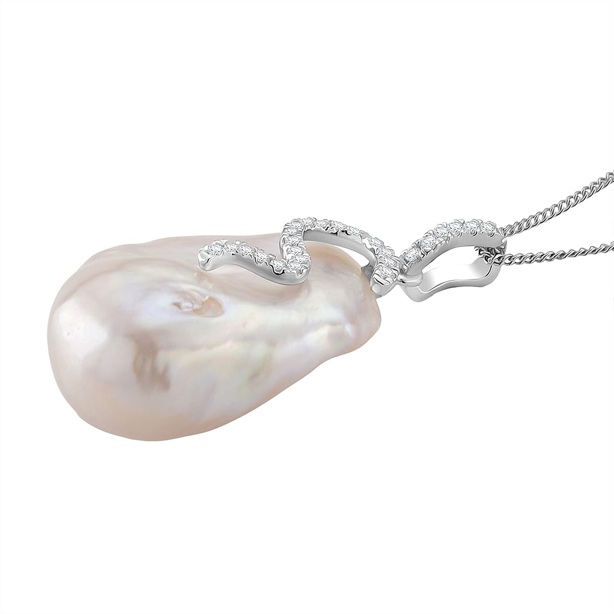 White Baroque Pearl & White Zircon Pendant with Chain (Size 18) with Lobster Clasp in Rhodium Overlay Sterling Silver 44.27 Ct.