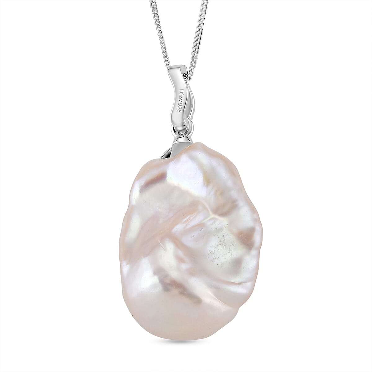 White Baroque Pearl & White Zircon Pendant with Chain (Size 18) with Lobster Clasp in Rhodium Overlay Sterling Silver 44.27 Ct.