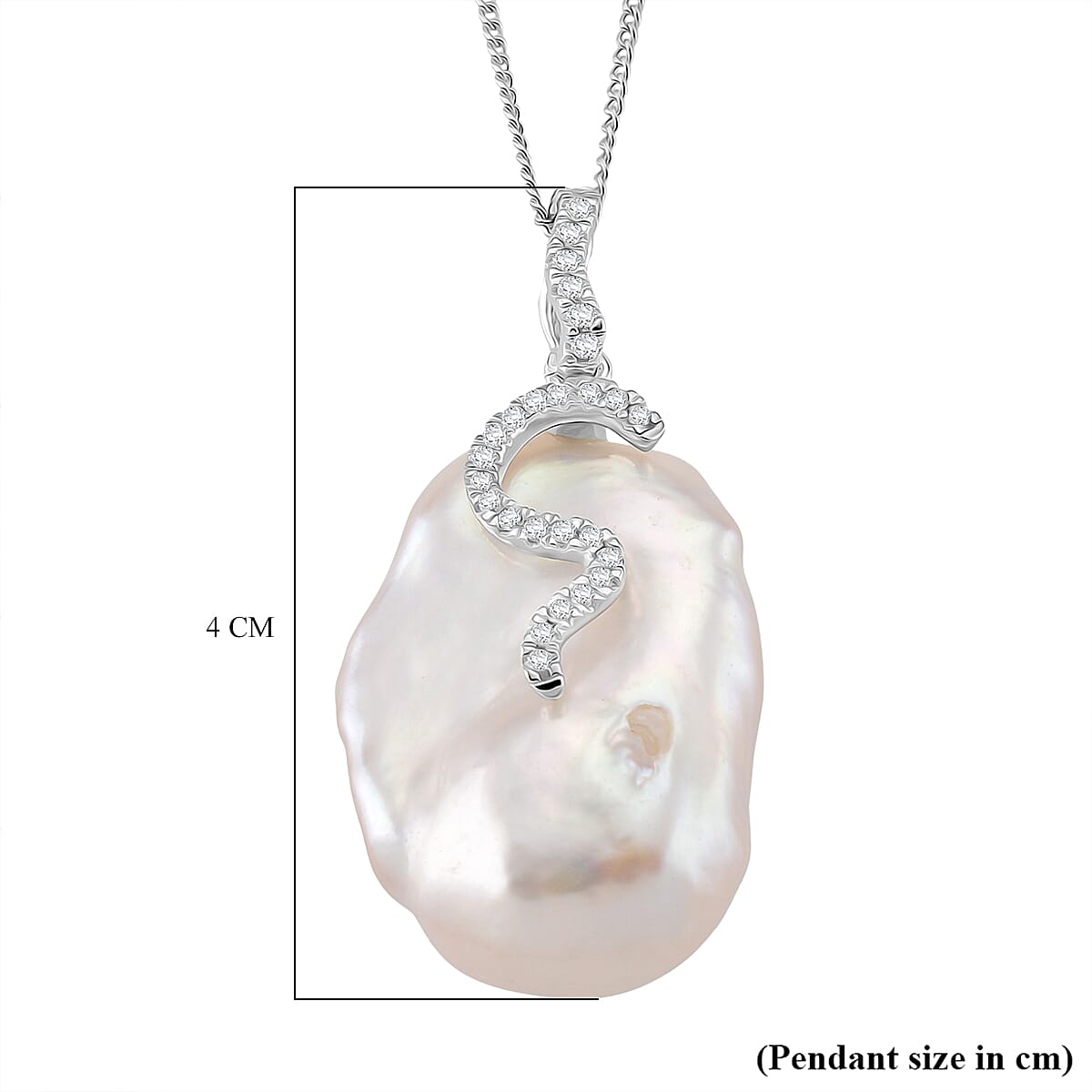 White Baroque Pearl & White Zircon Pendant with Chain (Size 18) with Lobster Clasp in Rhodium Overlay Sterling Silver 44.27 Ct.