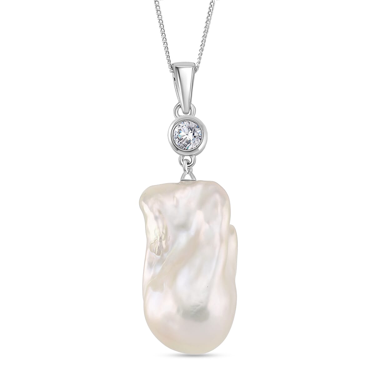Peach Baroque Pearl Pearl & Moissanite Pendant with Chain (Size 18) with Lobster Clasp in Rhodium Overlay Sterling Silver 45.15 Ct.