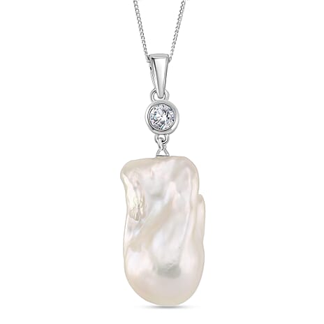 Peach Baroque Pearl Pearl & Moissanite Pendant with Chain (Size 18) with Lobster Clasp in Rhodium Overlay Sterling Silver 45.15 Ct.