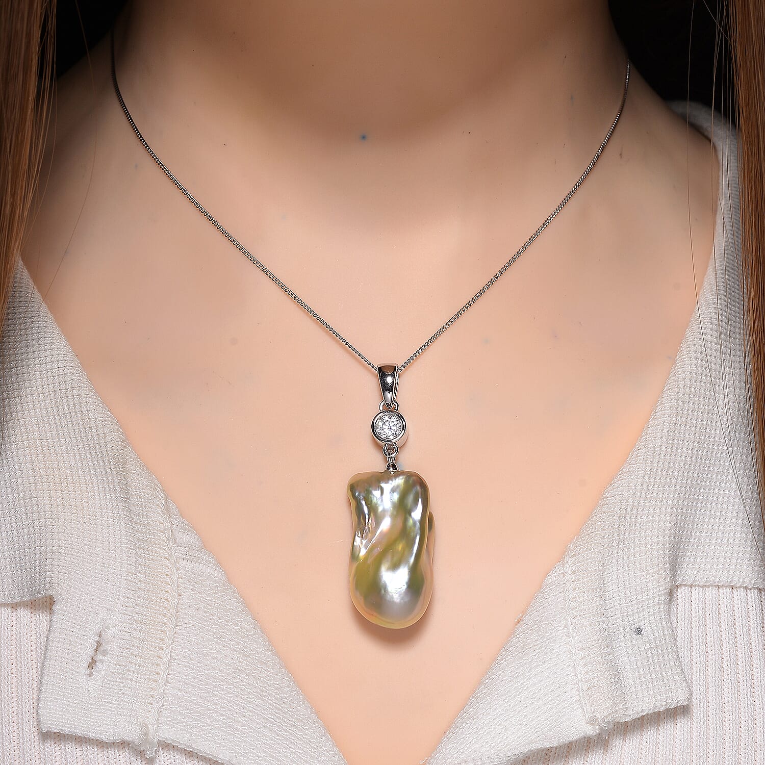 Peach Baroque Pearl Pearl & Moissanite Pendant with Chain (Size 18) with Lobster Clasp in Rhodium Overlay Sterling Silver 45.15 Ct.