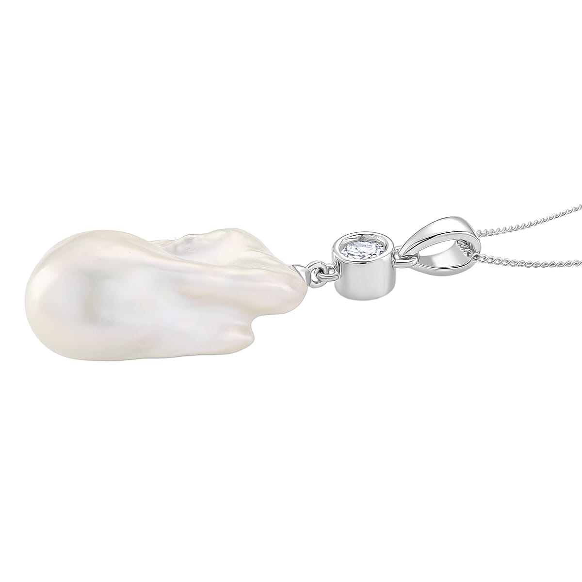 Peach Baroque Pearl Pearl & Moissanite Pendant with Chain (Size 18) with Lobster Clasp in Rhodium Overlay Sterling Silver 45.15 Ct.