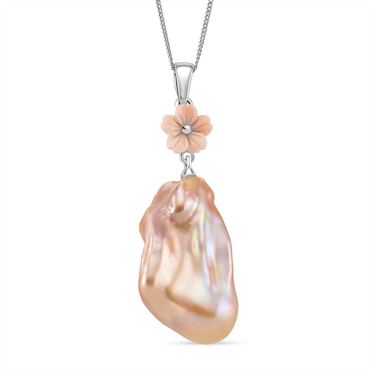 Peach Baroque Pearl & Peach Mother of Pearl Pendant with Chain (Size 18) in Rhodium Overlay Sterling Silver 45.29 Ct, Silver Wt. 5.2 Gms.