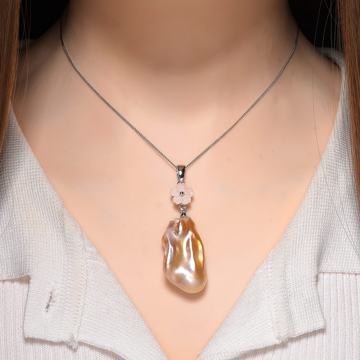 Peach Baroque Pearl & Peach Mother of Pearl Pendant with Chain (Size 18) in Rhodium Overlay Sterling Silver 45.29 Ct, Silver Wt. 5.2 Gms.