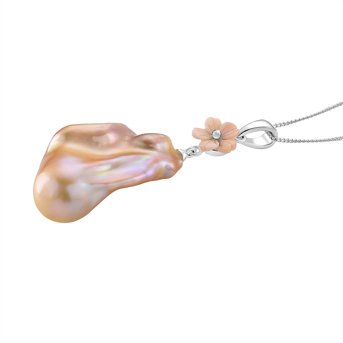 Peach Baroque Pearl & Peach Mother of Pearl Pendant with Chain (Size 18) in Rhodium Overlay Sterling Silver 45.29 Ct, Silver Wt. 5.2 Gms.