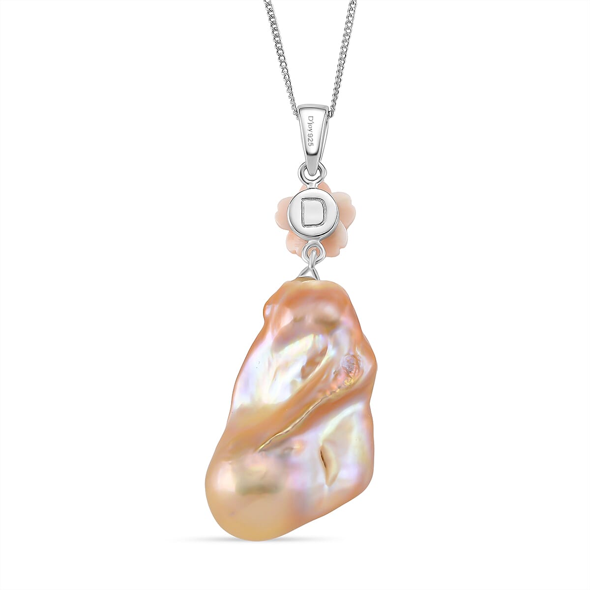 Peach Baroque Pearl & Peach Mother of Pearl Pendant with Chain (Size 18) in Rhodium Overlay Sterling Silver 45.29 Ct, Silver Wt. 5.2 Gms.