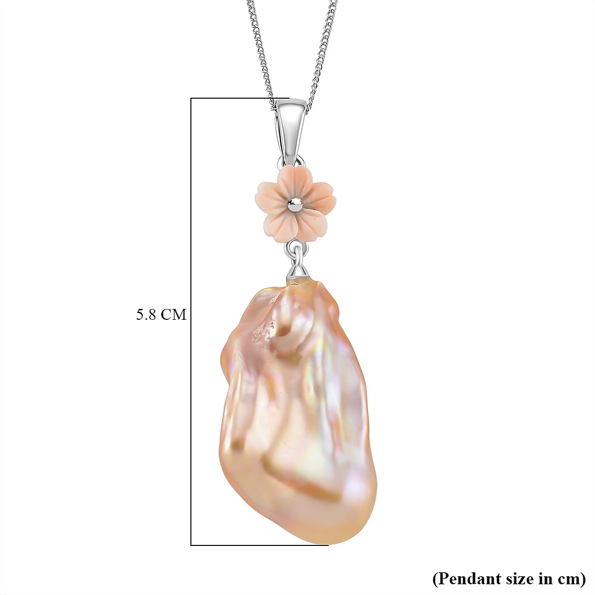 Peach Baroque Pearl & Peach Mother of Pearl Pendant with Chain (Size 18) in Rhodium Overlay Sterling Silver 45.29 Ct, Silver Wt. 5.2 Gms.