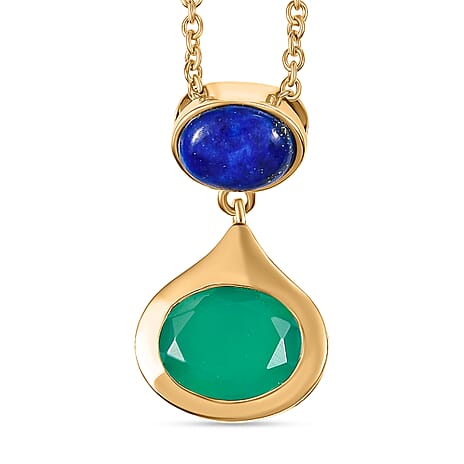 Green Onyx & Lapis Lazuli Pendant with Chain (Size 20) in 14K Yellow Gold Plating Sterling Silver 3.89 Ct.