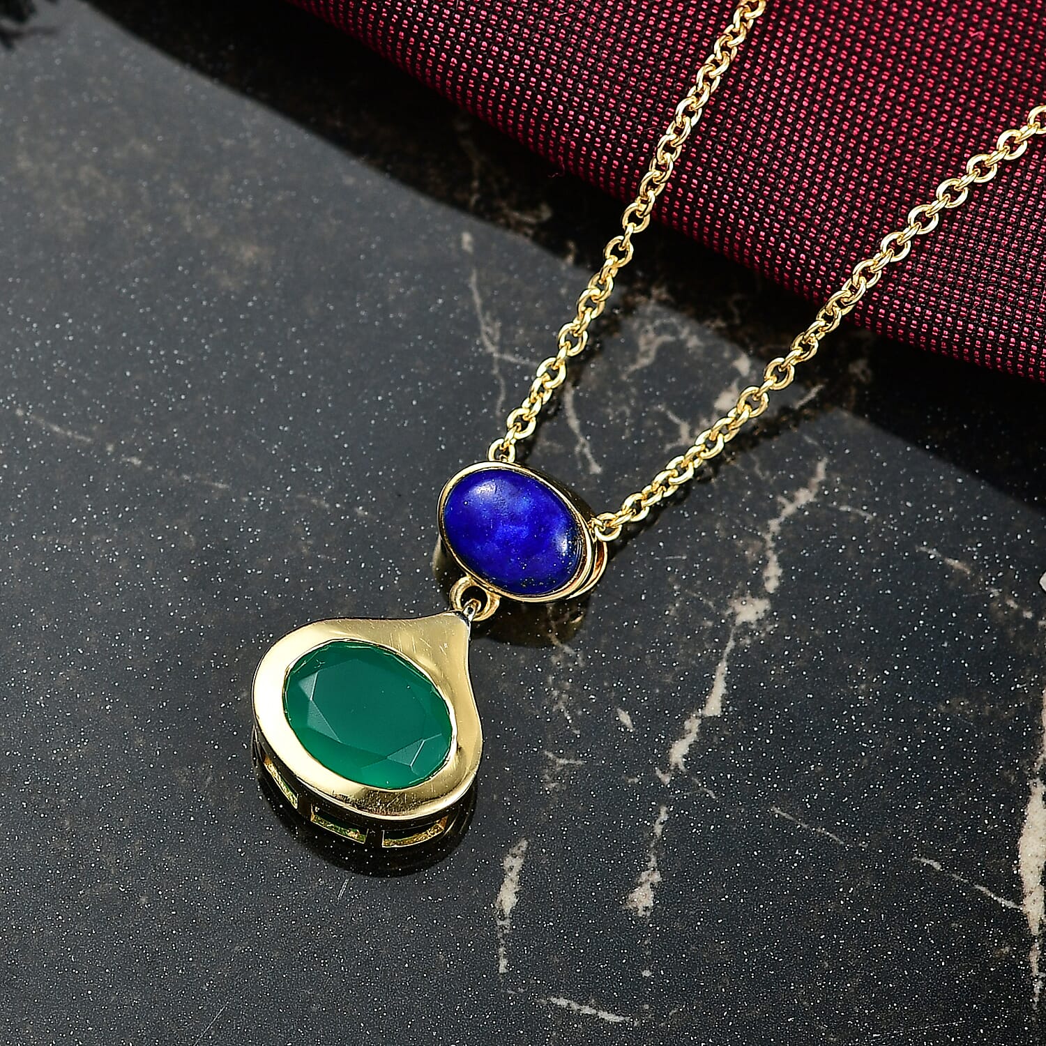 Verde Onyx & Lapis Lazuli Pendant with Chain (Size 20) in Yellow Gold Plating 3.89 Ct.