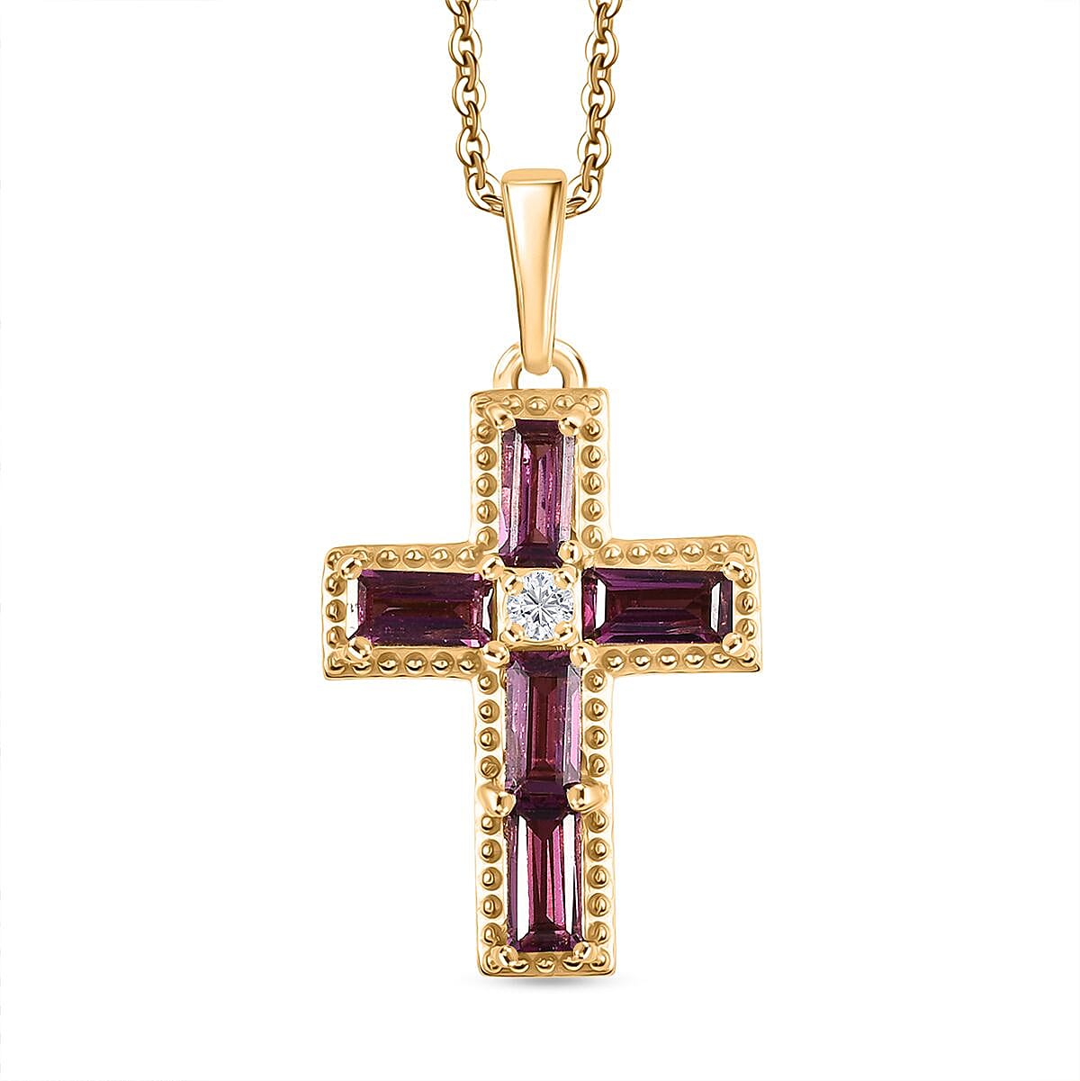 Orissa Rhodolite Garnet & White Zircon Pendant with Chain (Size 20) in 18K Yellow Gold Plating Sterling Silver 1.45 Ct.