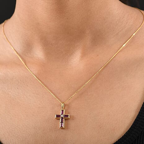 Orissa Rhodolite Garnet & White Zircon Pendant with Chain (Size 20) in 18K Yellow Gold Plating Sterling Silver 1.45 Ct.