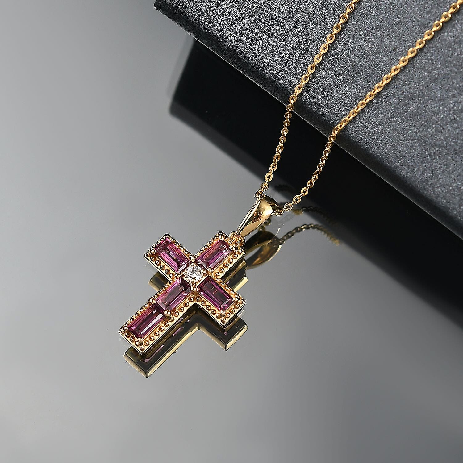 Orissa Rhodolite Garnet & White Zircon Pendant with Chain (Size 20) in 18K Yellow Gold Plating Sterling Silver 1.45 Ct.