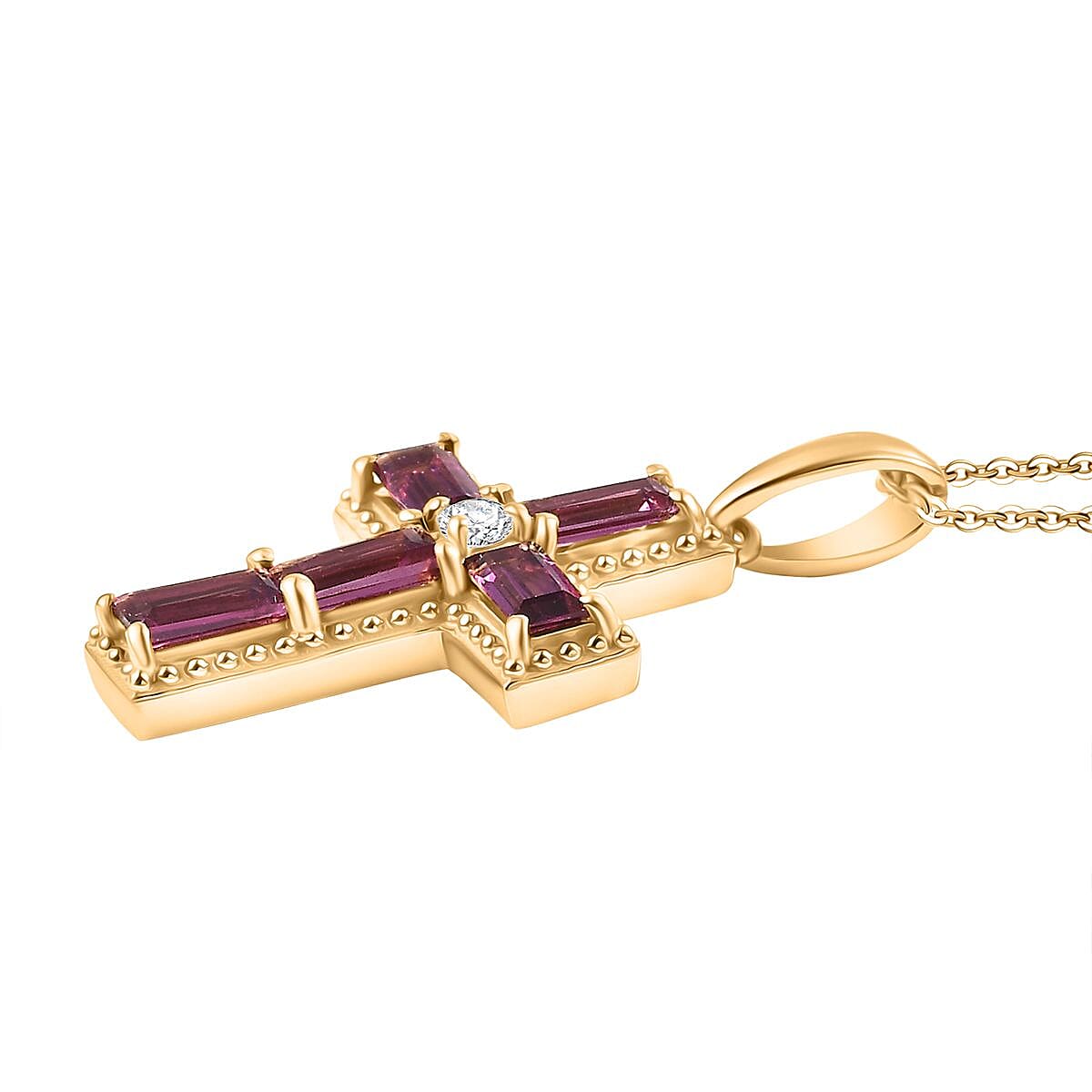 Orissa Rhodolite Garnet & White Zircon Pendant with Chain (Size 20) in 18K Yellow Gold Plating Sterling Silver 1.45 Ct.