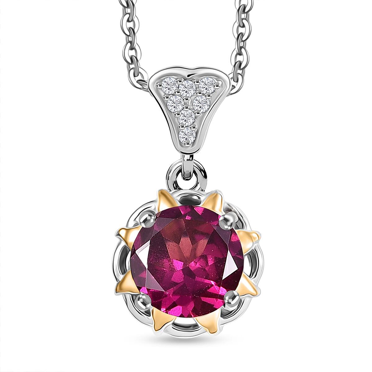 Djoy Orissa Rhodolite Garnet & White Zircon Pendant with Chain (Size 20) in Yellow Gold & Platinum Plating Sterling Silver 1.49 Ct.