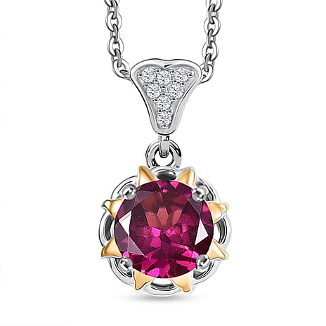 Djoy Orissa Rhodolite Garnet & White Zircon Pendant with Chain (Size 20) in Yellow Gold & Platinum Plating Sterling Silver 1.49 Ct.