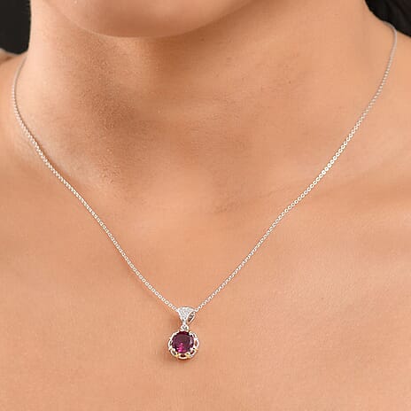 Djoy Orissa Rhodolite Garnet & White Zircon Pendant with Chain (Size 20) in Yellow Gold & Platinum Plating Sterling Silver 1.49 Ct.