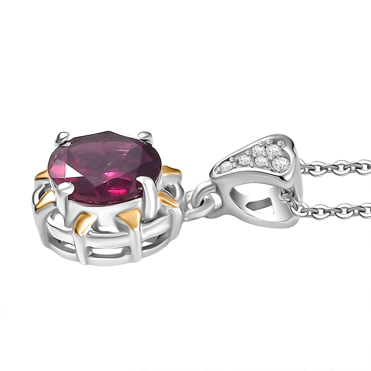 Djoy Orissa Rhodolite Garnet & White Zircon Pendant with Chain (Size 20) in Yellow Gold & Platinum Plating Sterling Silver 1.49 Ct.