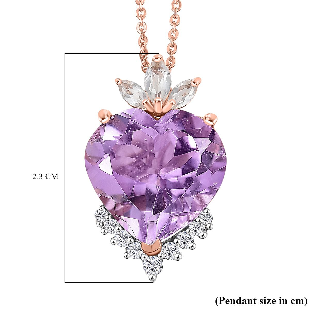 Rose De France Amethyst, White Topaz & White Zircon Pendant with Chain (Size 20) in Rose Gold Plated Silver 8.66 Ct. Rose De France Amethyst, White Topaz & White Zircon Pendant with Chain (Size 20) in Rose Gold Plated Silver 8.66 Ct.