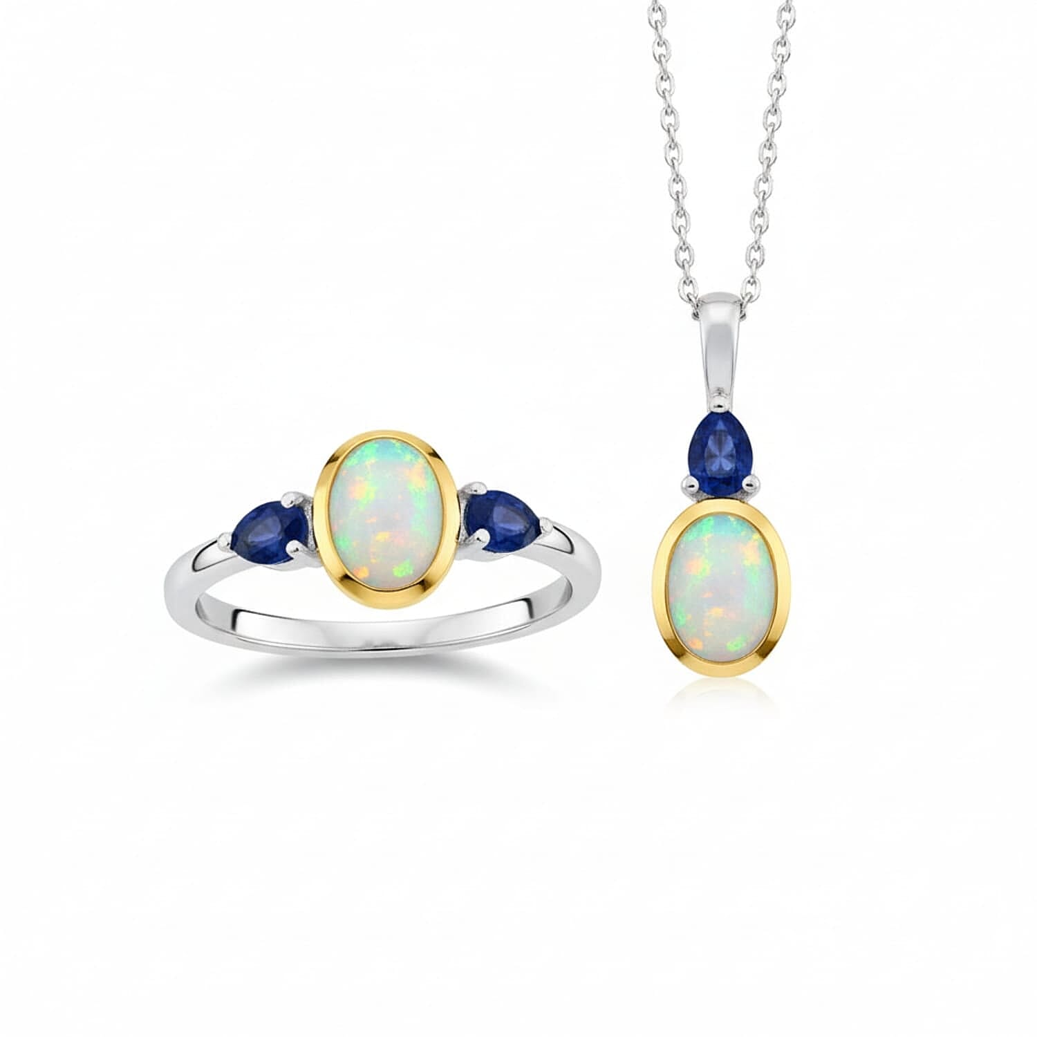 2 Piece Set -  Ethiopian Opal &  Blue Sapphire Ring & Pendant with Chain (Size 20) in Yellow Gold & Platinum Plating Sterling Silver 1.73 Ct.  Silver Wt. 5.02 Gms.