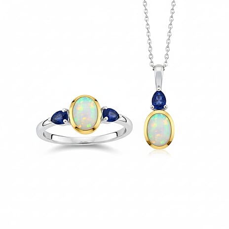 2 Piece Set -  Ethiopian Opal &  Blue Sapphire Ring & Pendant with Chain (Size 20) in Yellow Gold & Platinum Plated Sterling Silver 1.73 Ct, Silver Wt. 5.04 Gms.