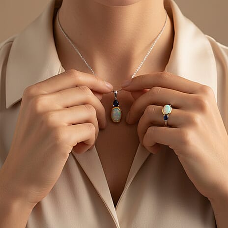 2 Piece Set -  Ethiopian Opal & Fissure Filled Blue Sapphire Ring & Pendant with Chain (Size 20) in Yellow Gold Plated Platinum Overlay Sterling Silver 1.73 Ct, Silver Wt. 5.22 Gms.