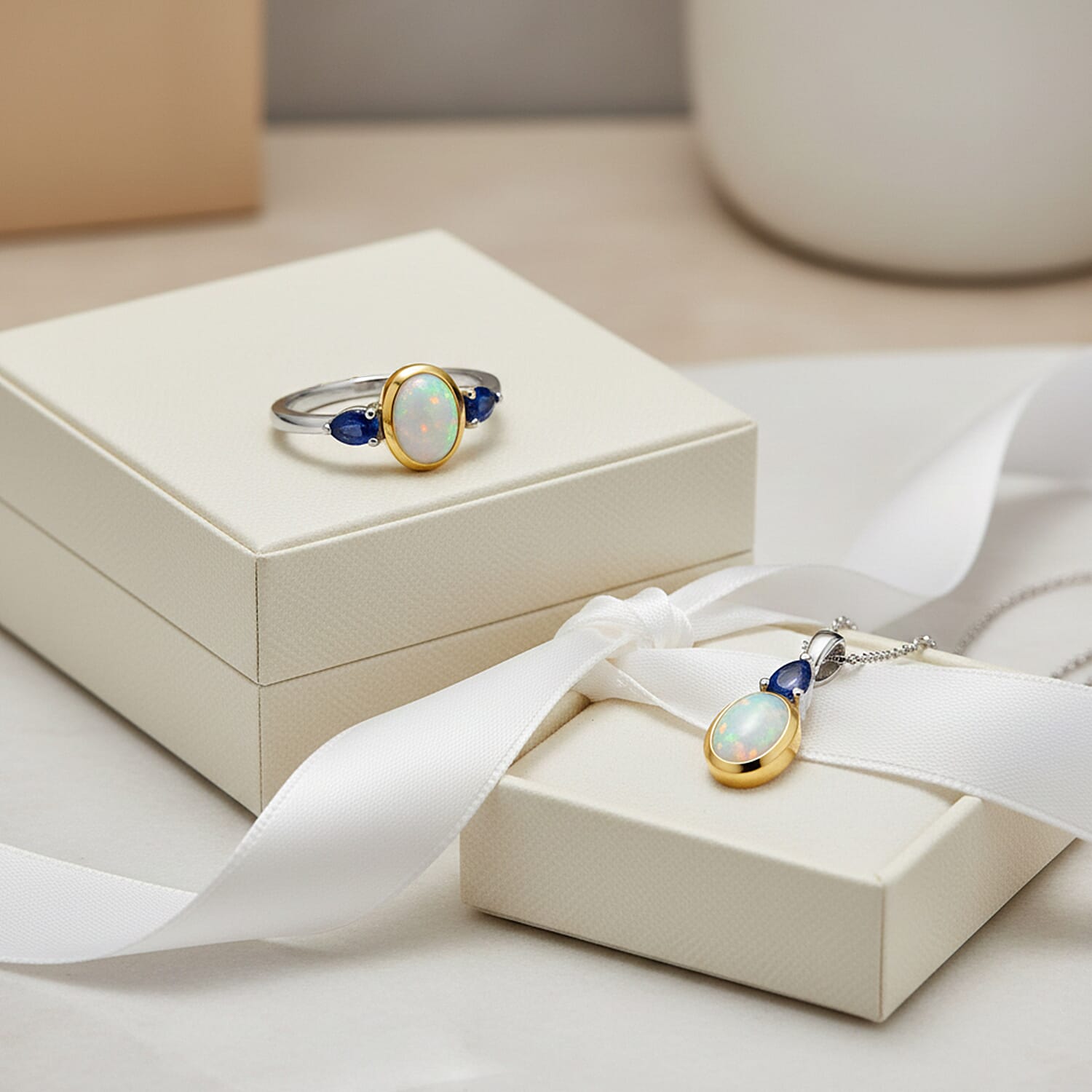 2 Piece Set -  Ethiopian Opal & Blue Sapphire Ring & Pendant with Chain (Size 20) in Yellow Gold Plated Platinum Overlay Sterling Silver 1.73 Ct, Silver Wt. 5.09 Gms.