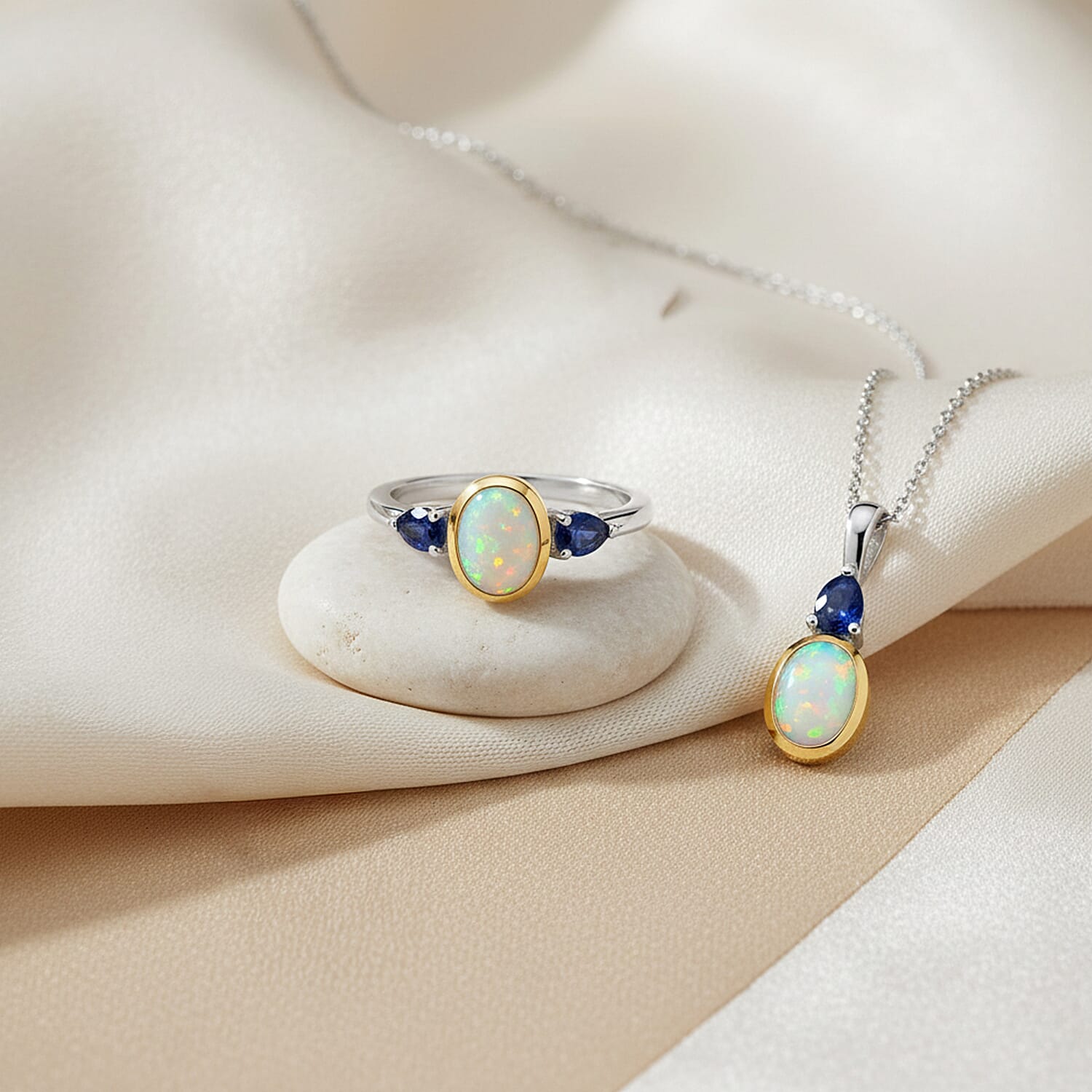 2 Piece Set -  Ethiopian Opal & Blue Sapphire Ring & Pendant with Chain (Size 20) in Yellow Gold Plated Platinum Overlay Sterling Silver 1.73 Ct, Silver Wt. 5.09 Gms.