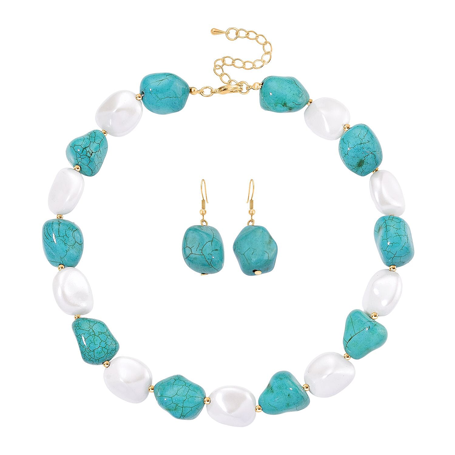 Baroque Shape Blue Howlite & White Shell Pearl Necklace (Size 18 - 2 Ext) with Lobster Clasp & Earrings with Hook 693.00 Ct.