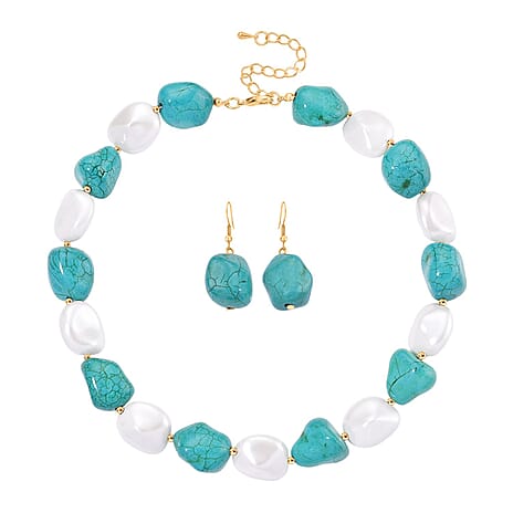 Baroque Shape Blue Howlite & White Shell Pearl Necklace (Size 18 - 2 Ext) with Lobster Clasp & Earrings with Hook 693.00 Ct.