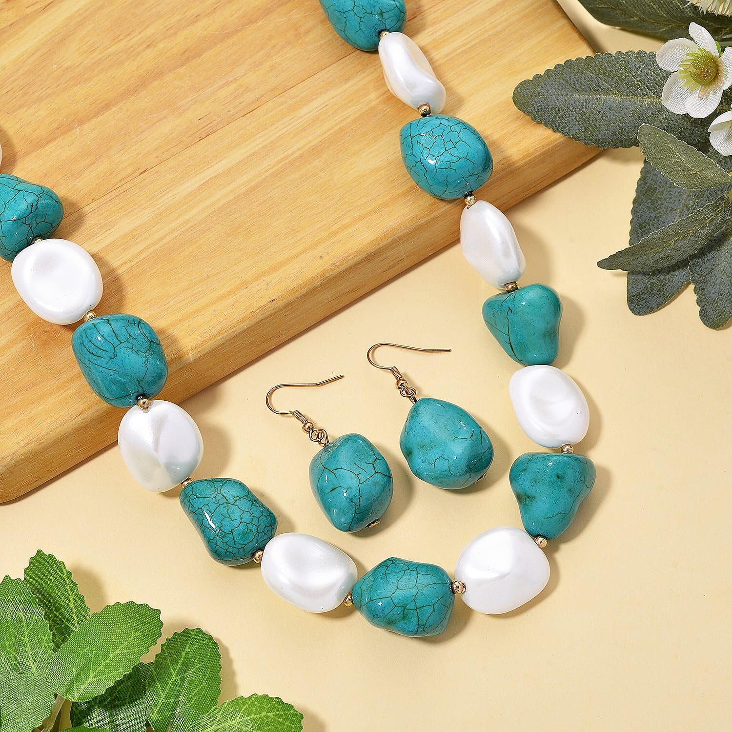 Baroque Shape Blue Howlite & White Shell Pearl Necklace (Size 18 - 2 Ext) with Lobster Clasp & Earrings with Hook 693.00 Ct.