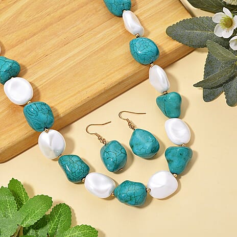Baroque Shape Blue Howlite & White Shell Pearl Necklace (Size 18 - 2 Ext) with Lobster Clasp & Earrings with Hook 693.00 Ct.