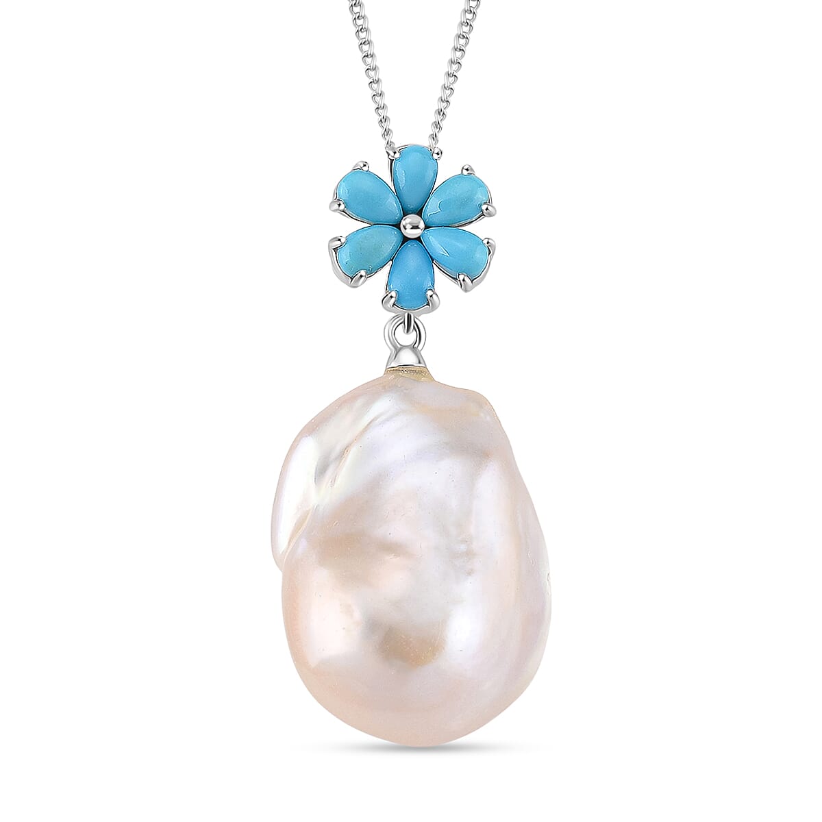 D'joy White Fresh Water Pearl & Sleeping Beauty Turquoise Pendant with Chain (Size 18) in Rhodium Overlay Sterling Silver 43.56 Ct.