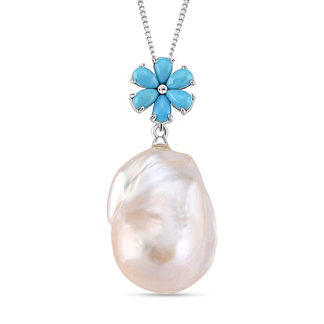 D'joy White Fresh Water Pearl & Sleeping Beauty Turquoise Pendant with Chain (Size 18) in Rhodium Overlay Sterling Silver 43.56 Ct.