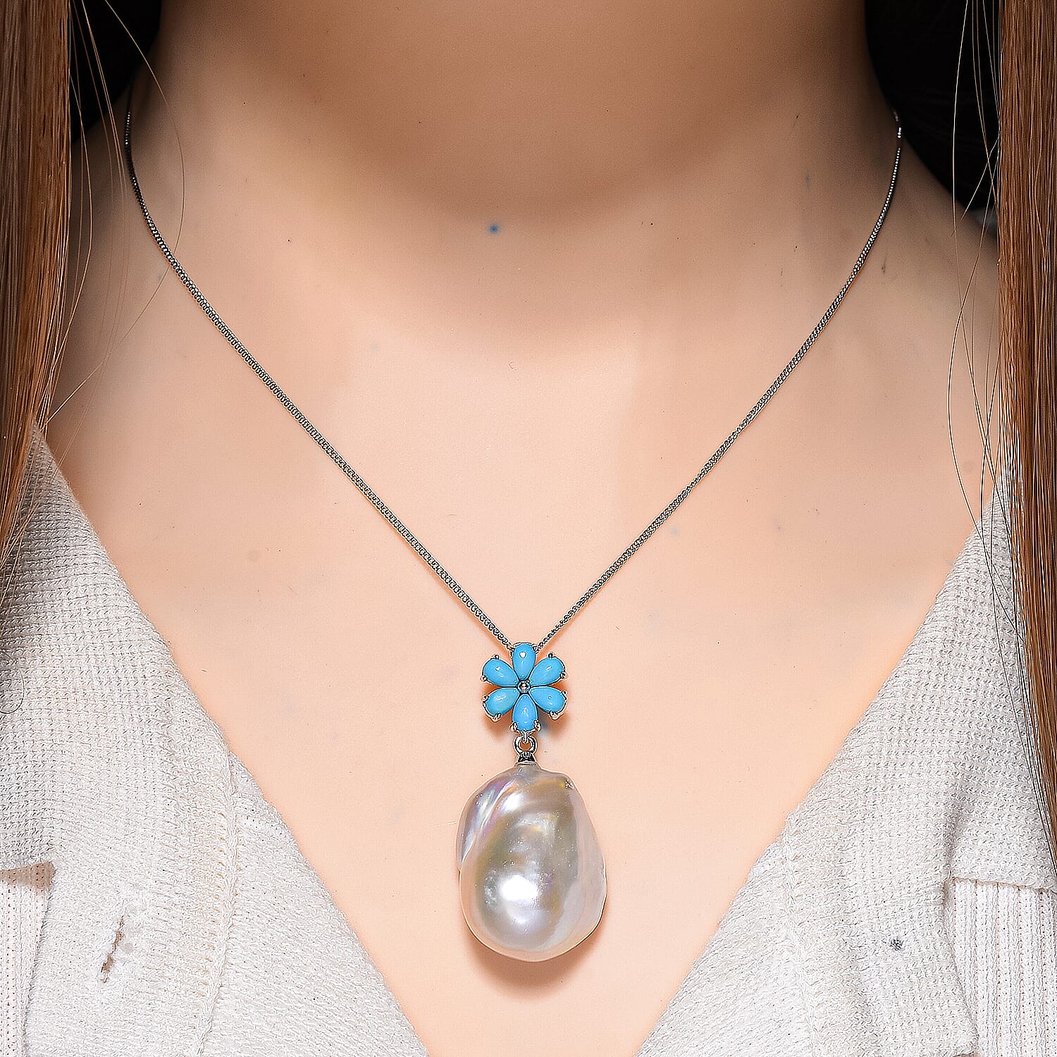 D'joy White Fresh Water Pearl & Sleeping Beauty Turquoise Pendant with Chain (Size 18) in Rhodium Overlay Sterling Silver 43.56 Ct.