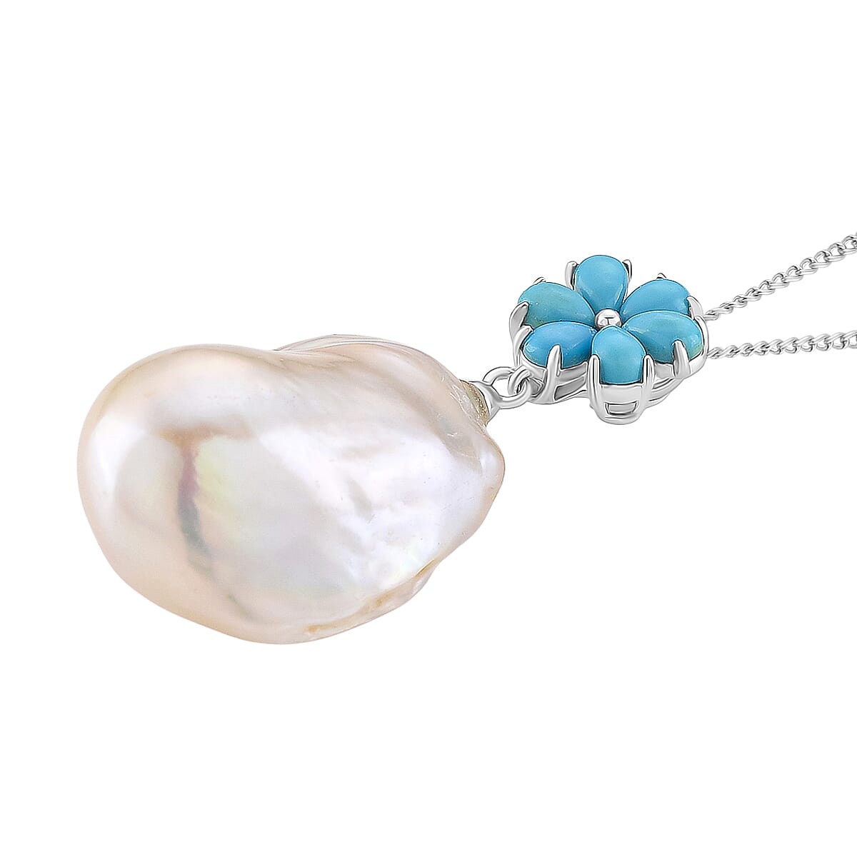 D'joy White Fresh Water Pearl & Sleeping Beauty Turquoise Pendant with Chain (Size 18) in Rhodium Overlay Sterling Silver 43.56 Ct.