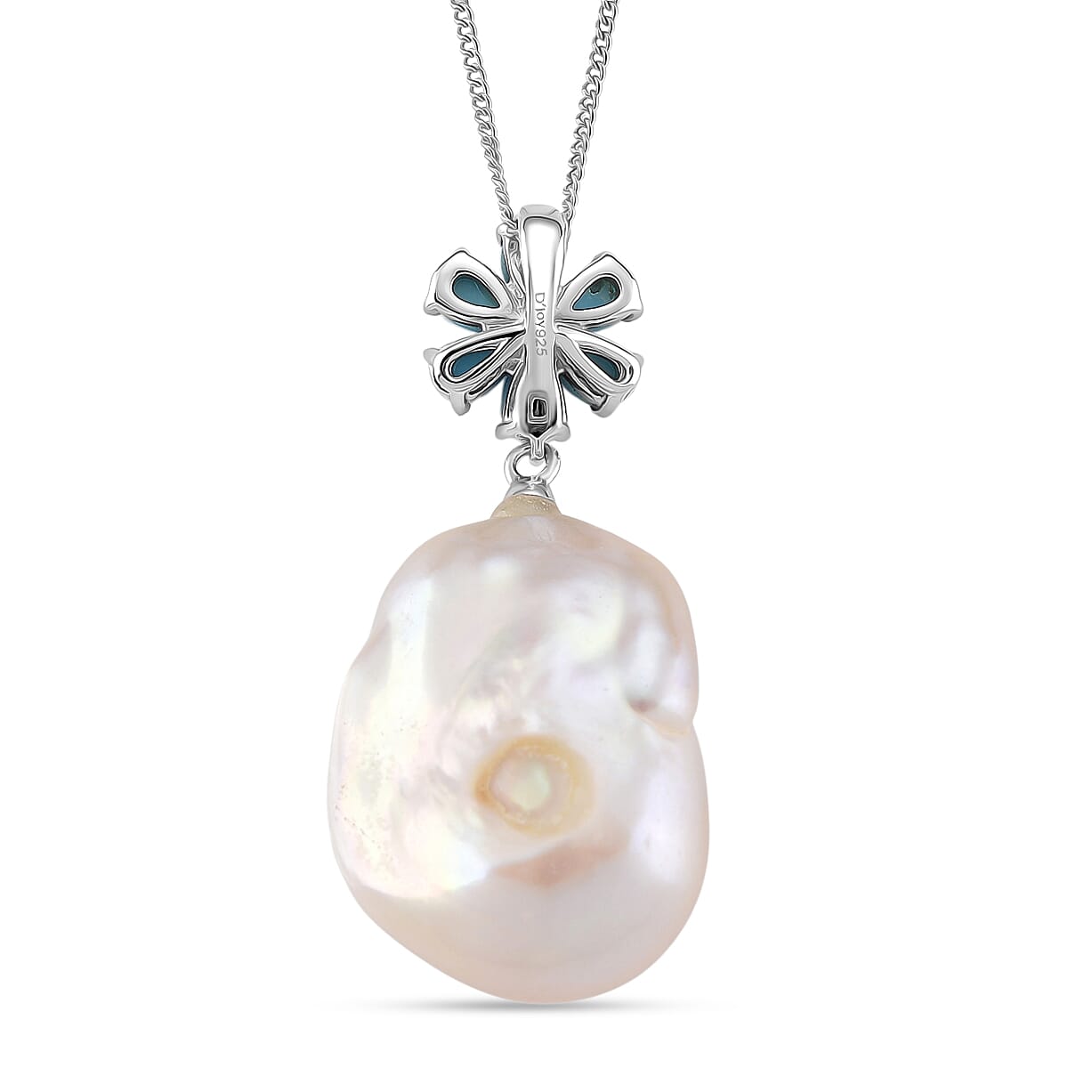 D'joy White Fresh Water Pearl & Sleeping Beauty Turquoise Pendant with Chain (Size 18) in Rhodium Overlay Sterling Silver 43.56 Ct.