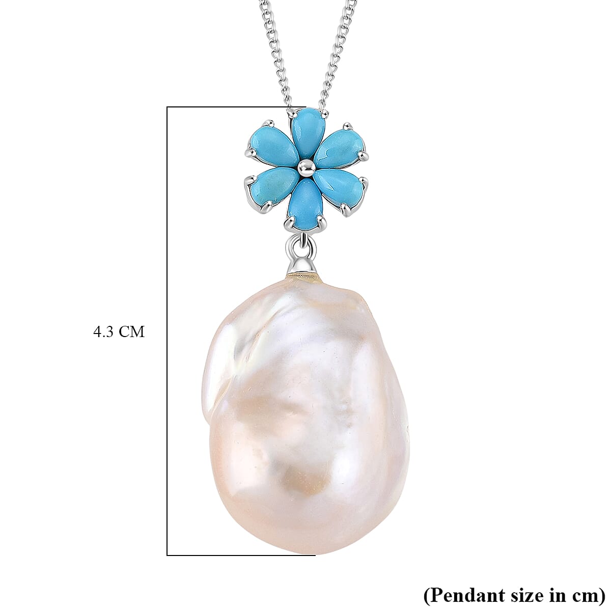 D'joy White Fresh Water Pearl & Sleeping Beauty Turquoise Pendant with Chain (Size 18) in Rhodium Overlay Sterling Silver 43.56 Ct.