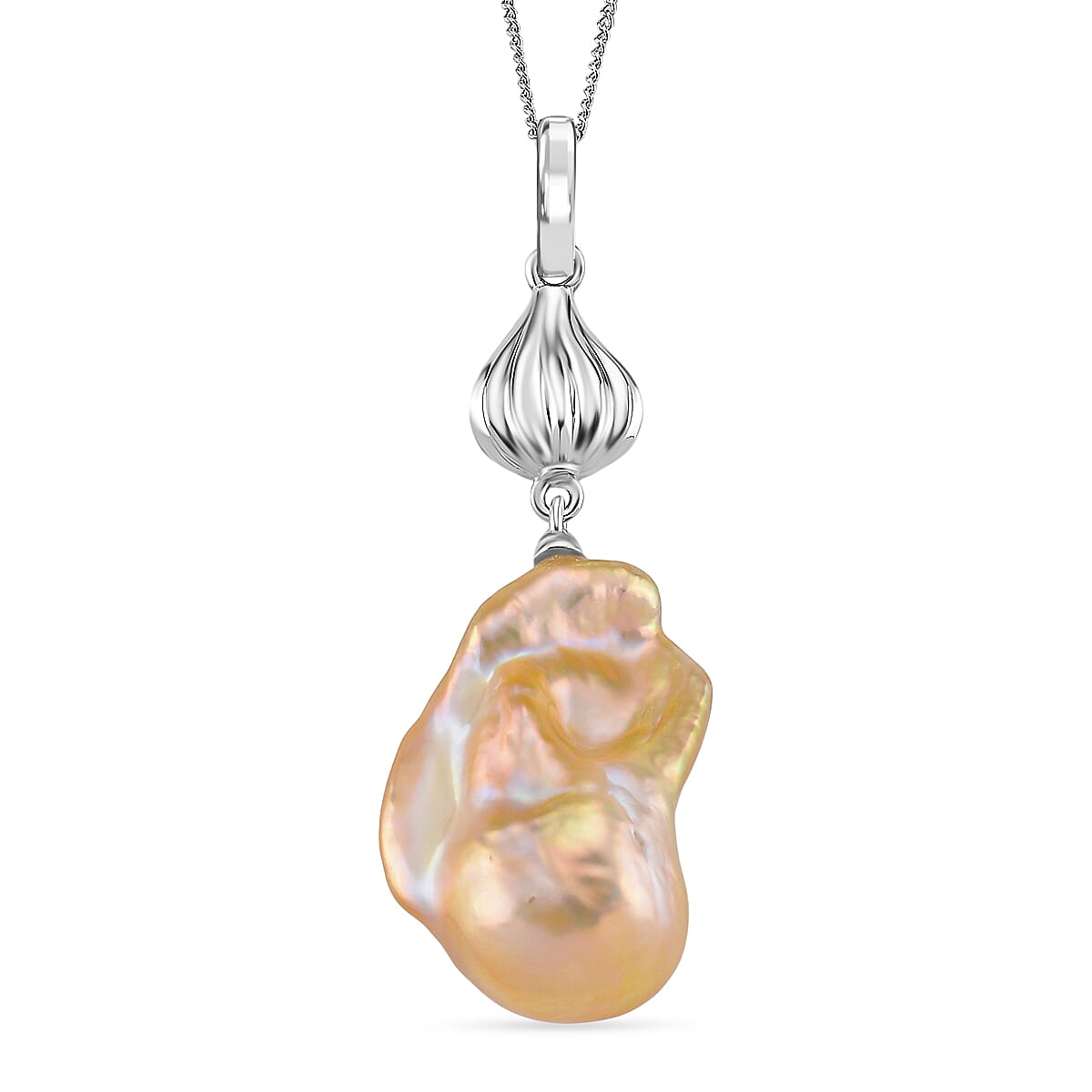Peach Baroque Pearl Pendant with Chain (Size 18) with Lobster Clasp in Rhodium Overlay Sterling Silver 79.00 Ct.