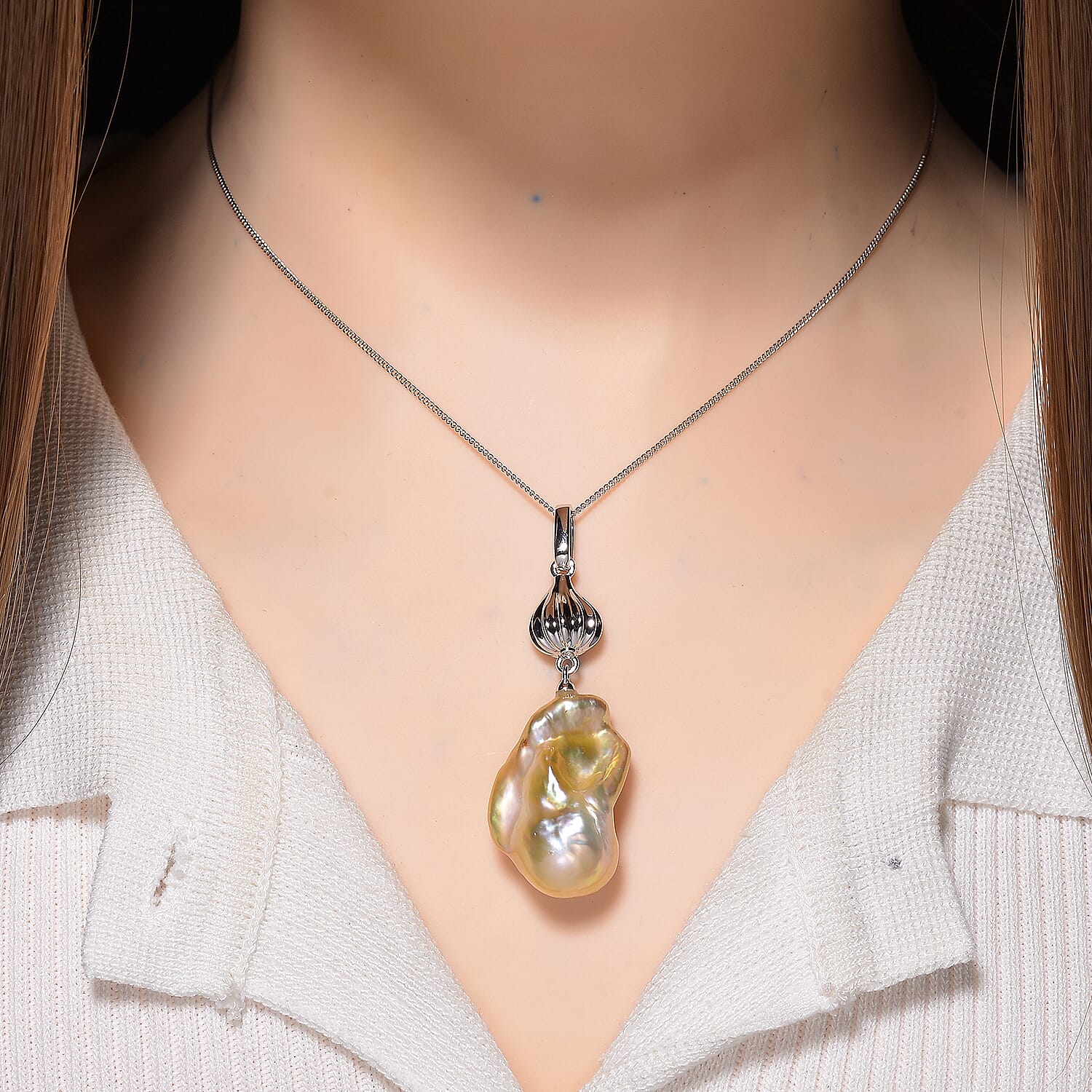 Peach Baroque Pearl Pendant with Chain (Size 18) with Lobster Clasp in Rhodium Overlay Sterling Silver 79.00 Ct.
