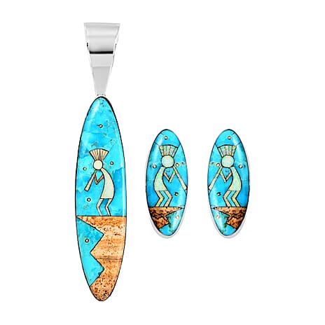 Santa Fe Collection - 2 Piece Set -  Blue Turquoise Pendant and Kokopelli Earring with Plastic Push Back Sterling Silver 12.95 Ct, Silver Wt. 11.50 Gms.